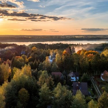 Sunset over a forest and homes.